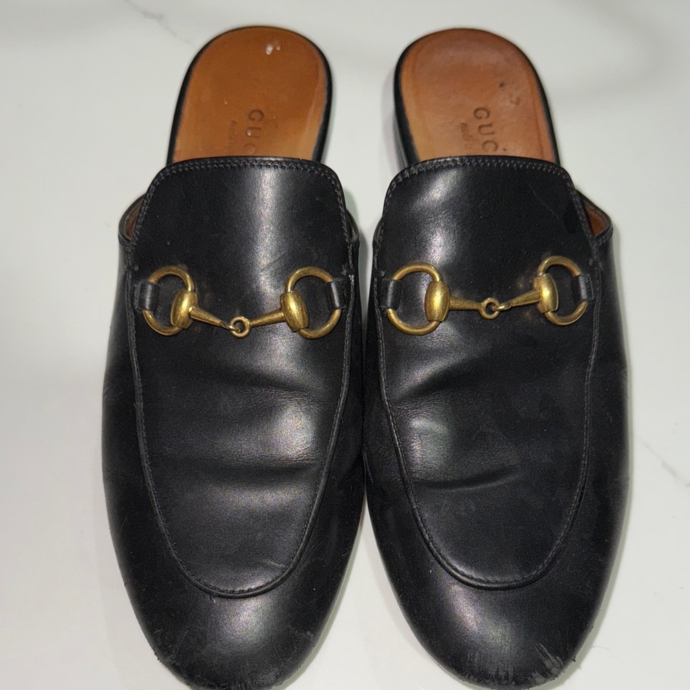 Gucci Black Leather Princetown Slip-On Loafers with Gold Accents